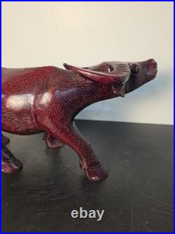 Vintage Hand Carved Wood Water Buffalo Figurine Mid Century Asian Art Sculpture