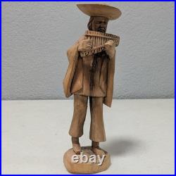 Vintage Hand-Carved Wooden Andean Musician Pan Flute Player Statue (9.5)