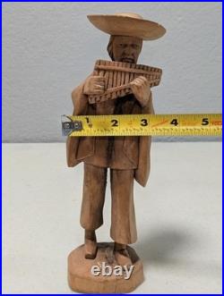 Vintage Hand-Carved Wooden Andean Musician Pan Flute Player Statue (9.5)