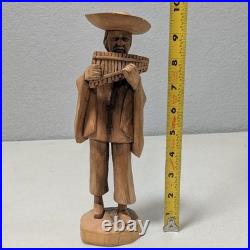 Vintage Hand-Carved Wooden Andean Musician Pan Flute Player Statue (9.5)