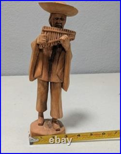 Vintage Hand-Carved Wooden Andean Musician Pan Flute Player Statue (9.5)