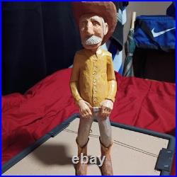 Vintage Hand Carved Wooden Cowboy Folk Art Figure Signed Artist Rustic Deco