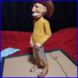 Vintage Hand Carved Wooden Cowboy Folk Art Figure Signed Artist Rustic Deco