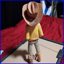 Vintage Hand Carved Wooden Cowboy Folk Art Figure Signed Artist Rustic Deco