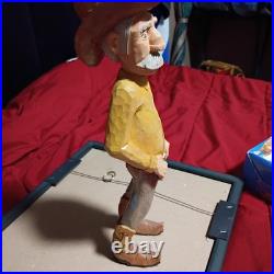 Vintage Hand Carved Wooden Cowboy Folk Art Figure Signed Artist Rustic Deco