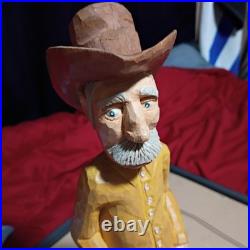 Vintage Hand Carved Wooden Cowboy Folk Art Figure Signed Artist Rustic Deco