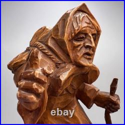 Vintage Hand Carved Wooden Figurine Old Woman Folk Art Statue Decor 8.2