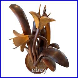 Vintage Hand Carved Wooden Flower Sculpture by Jeffrey Lindley Briggs