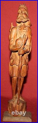 Vintage Hand Carving Wood Statuette man with stick and shield