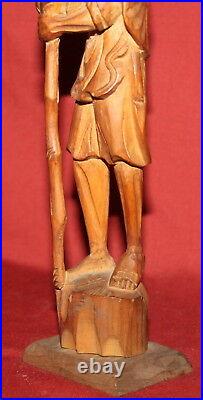 Vintage Hand Carving Wood Statuette man with stick and shield