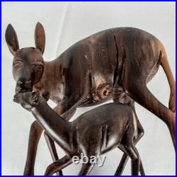 Vintage Handcraft Curved Wood Mama Baby Calf Deer Sculpture Size 10L x 9W