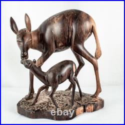 Vintage Handcraft Curved Wood Mama Baby Calf Deer Sculpture Size 10L x 9W Vintage Handcraft Curved Wood Mama Baby Calf Deer Sculpture Size 10L x 9W