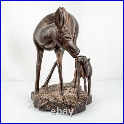 Vintage Handcraft Curved Wood Mama Baby Calf Deer Sculpture Size 10L x 9W