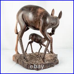 Vintage Handcraft Curved Wood Mama Baby Calf Deer Sculpture Size 10L x 9W