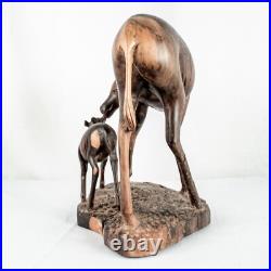 Vintage Handcraft Curved Wood Mama Baby Calf Deer Sculpture Size 10L x 9W