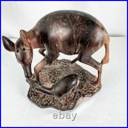 Vintage Handcraft Curved Wood Mama Baby Calf Deer Sculpture Size 10L x 9W Vintage Handcraft Curved Wood Mama Baby Calf Deer Sculpture Size 10L x 9W