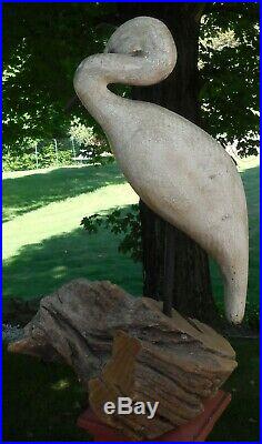 Vintage Hard Wood Carved Bird Stork Egret Heron Crane Sculpture 16 High