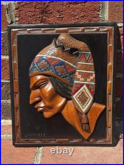 Vintage Juan (J) Ramirez Wood Carved Tribal Sculpture Man& Frame Bolivia, Signed