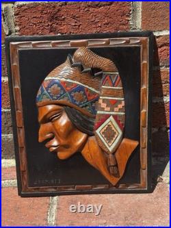 Vintage Juan (J) Ramirez Wood Carved Tribal Sculpture Man& Frame Bolivia, Signed