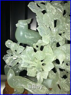 Vintage Large Chinese JADE Sculpture of Carved Birds & Flowers on wood Stand