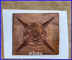 Vintage Large Wood Carved Wall Art Panel 22X20 Rustic Heavy Shield medallion