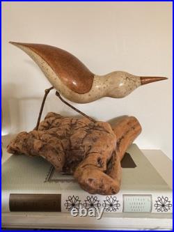 Vintage MCM Signed Jack Francis Hand Carved Wood Sandpiper Statue on Burlwood
