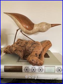 Vintage MCM Signed Jack Francis Hand Carved Wood Sandpiper Statue on Burlwood