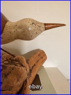 Vintage MCM Signed Jack Francis Hand Carved Wood Sandpiper Statue on Burlwood