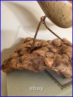 Vintage MCM Signed Jack Francis Hand Carved Wood Sandpiper Statue on Burlwood