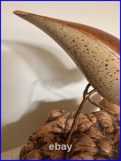 Vintage MCM Signed Jack Francis Hand Carved Wood Sandpiper Statue on Burlwood