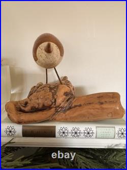 Vintage MCM Signed Jack Francis Hand Carved Wood Sandpiper Statue on Burlwood