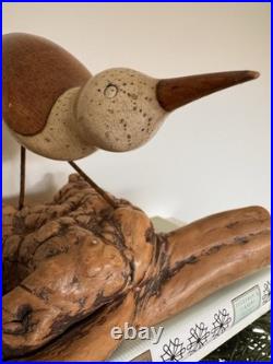 Vintage MCM Signed Jack Francis Hand Carved Wood Sandpiper Statue on Burlwood