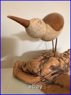 Vintage MCM Signed Jack Francis Hand Carved Wood Sandpiper Statue on Burlwood