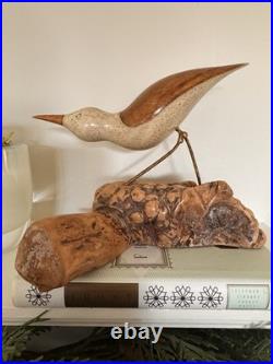 Vintage MCM Signed Jack Francis Hand Carved Wood Sandpiper Statue on Burlwood