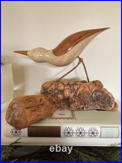 Vintage MCM Signed Jack Francis Hand Carved Wood Sandpiper Statue on Burlwood