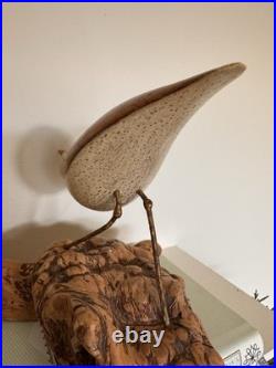 Vintage MCM Signed Jack Francis Hand Carved Wood Sandpiper Statue on Burlwood