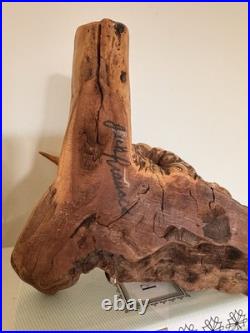Vintage MCM Signed Jack Francis Hand Carved Wood Sandpiper Statue on Burlwood