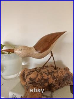 Vintage MCM Signed Jack Francis Hand Carved Wood Sandpiper Statue on Burlwood