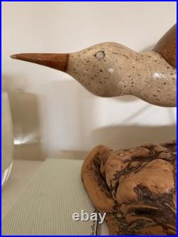 Vintage MCM Signed Jack Francis Hand Carved Wood Sandpiper Statue on Burlwood