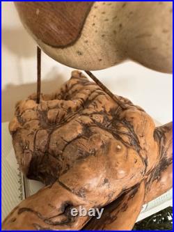 Vintage MCM Signed Jack Francis Hand Carved Wood Sandpiper Statue on Burlwood