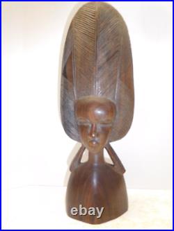 Vintage Made in Africa Tanganikia Carved HEAVY Wood Beautiful Woman in Headress