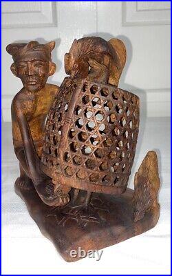 Vintage Mas Bali Wood Carving Old Man with 3 Roosters Bird Cage Sculpture Tantra