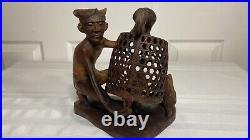 Vintage Mas Bali Wood Carving Old Man with 3 Roosters Bird Cage Sculpture Tantra