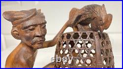 Vintage Mas Bali Wood Carving Old Man with 3 Roosters Bird Cage Sculpture Tantra