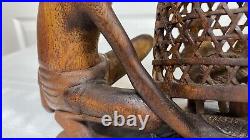 Vintage Mas Bali Wood Carving Old Man with 3 Roosters Bird Cage Sculpture Tantra