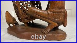 Vintage Mas Bali Wood Carving Old Man with 3 Roosters Bird Cage Sculpture Tantra