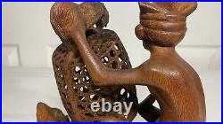 Vintage Mas Bali Wood Carving Old Man with 3 Roosters Bird Cage Sculpture Tantra