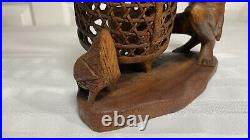 Vintage Mas Bali Wood Carving Old Man with 3 Roosters Bird Cage Sculpture Tantra