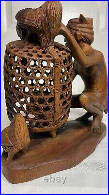 Vintage Mas Bali Wood Carving Old Man with 3 Roosters Bird Cage Sculpture Tantra