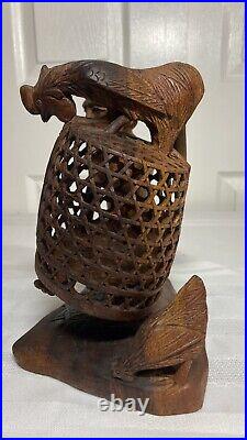 Vintage Mas Bali Wood Carving Old Man with 3 Roosters Bird Cage Sculpture Tantra